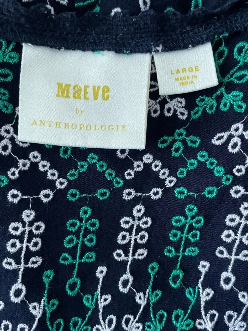 Anthropologie Navy Top with Green and White Floral Embroidery - Picture 2 of 5